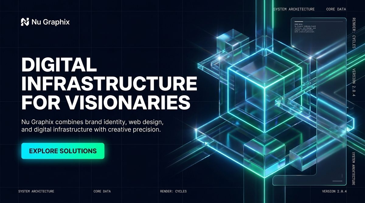 Nu Graphix 16:9 banner render — digital infrastructure headline with 3D glass cube structure