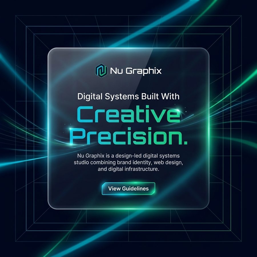 Nu Graphix square social card render — glass panel with tri-colour light streaks